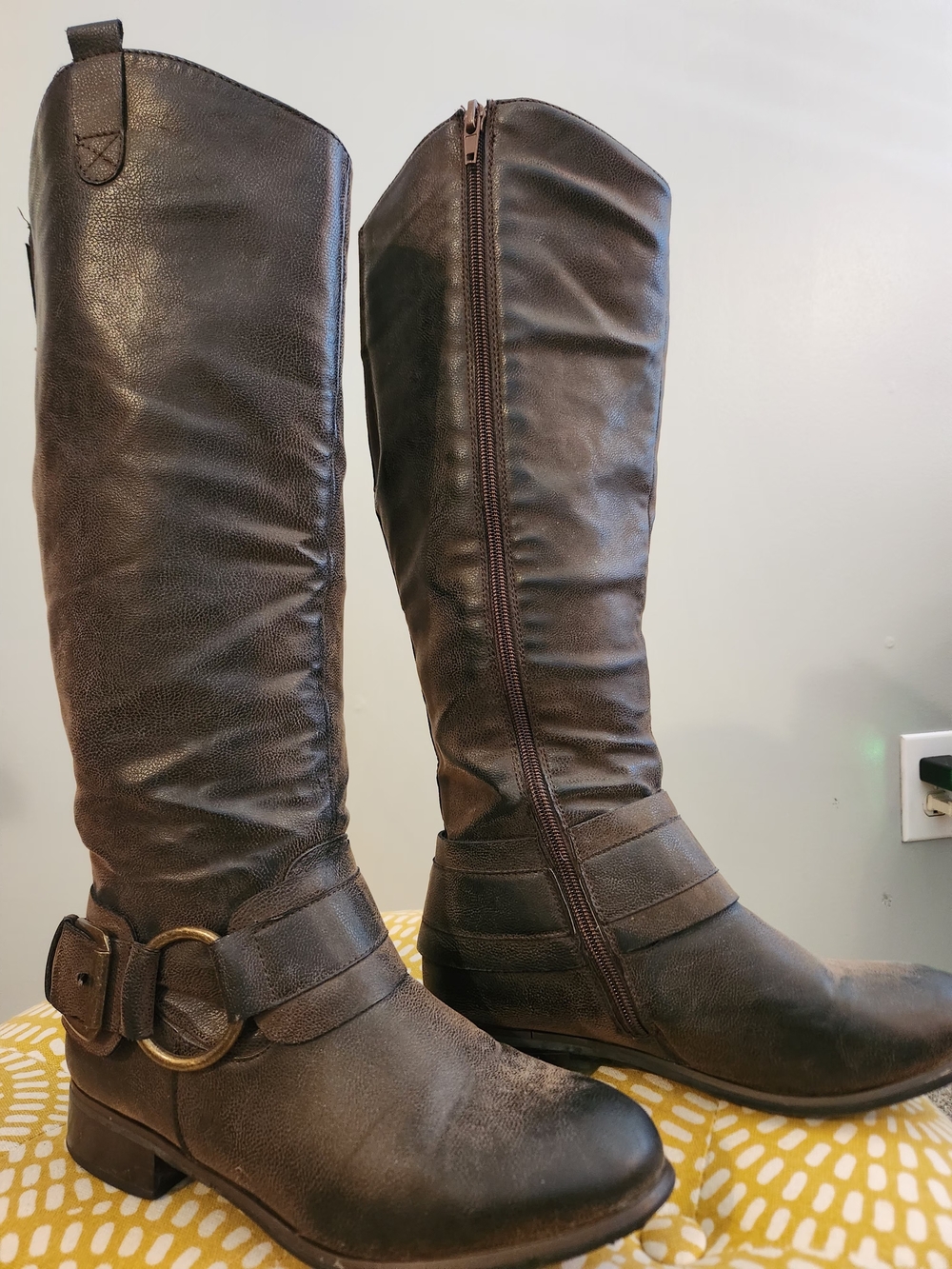 Women's Distressed LeatherTall Brown Riding Boots with Buckle Detail